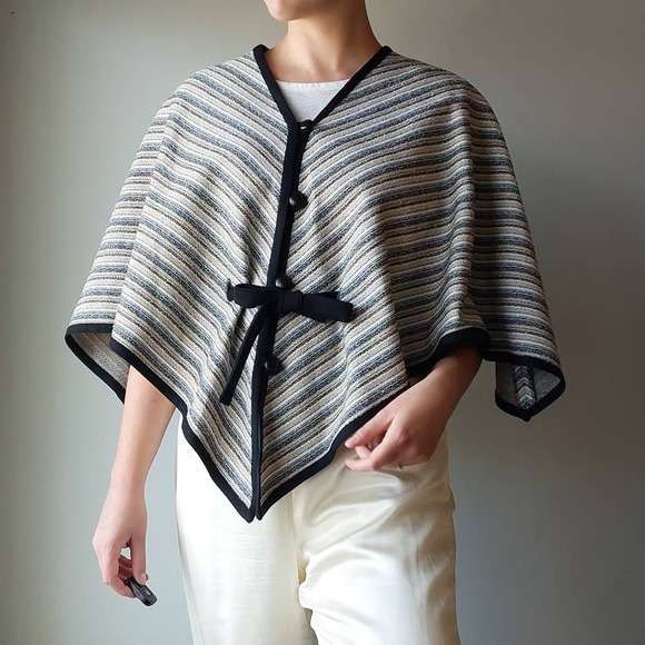 Vintage 60s 70s Knit Poncho in Neutral Stripes, Butte Knit - Picture 1 of 7